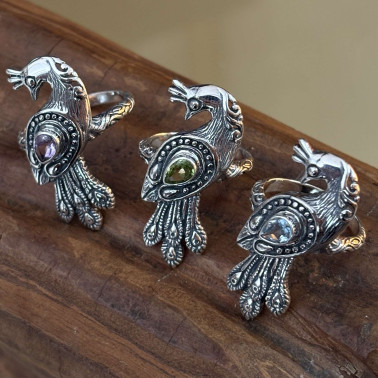 RR 15873-(HANDMADE 925 BALI STERLING SILVER BIRD RINGS WITH MIX STONES)