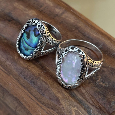 RR 15875-(HANDMADE 925 BALI STERLING SILVER FILIGREE RINGS WITH ABALONE)