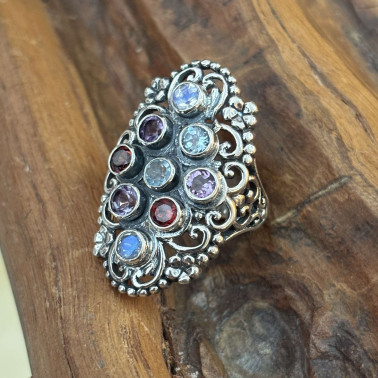 RR 15905-(HANDMADE 925 BALI STERLING SILVER FILIGREE RING WITH MIX STONES)