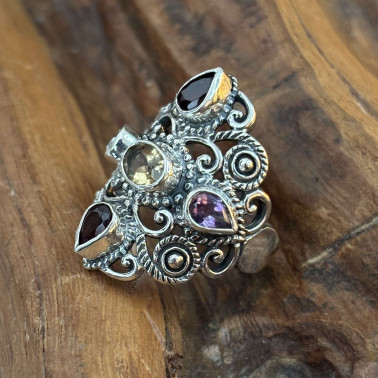RR 15906-(HANDMADE 925 BALI STERLING SILVER FILIGREE RING WITH MIX STONES)