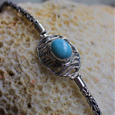 BR 14861-(HANDMADE 925 BALI SILVER CHAIN BRACELET WITH LARIMAR)