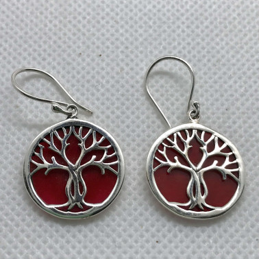 ER 11282 B-CR-(BALI 925 STERLING SILVER TREE OF LIFE EARRINGS WITH CORAL)