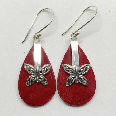 ER 13621 CR-BALI SILVER EARRINGS WITH RED CORAL