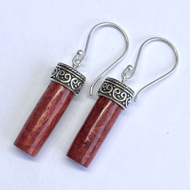 ER 13743 CR-(BALI 925 STERLING SILVER TUBE EARRINGS WITH CORAL)