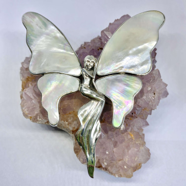 PD 10723 XL-MP-(UNIQUE 925 BALI SILVER ANGEL BUTTERFLY BROOCH PENDANT WITH MOTHER OF PEARL)