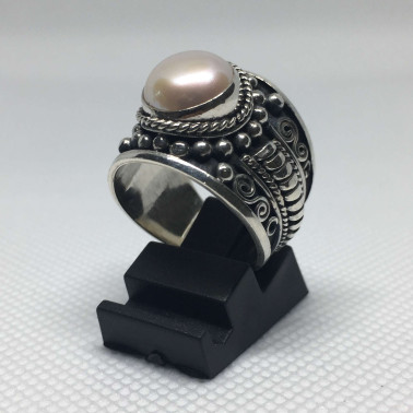 RR 13930 PL-(HANDMADE 925 BALI SILVER FILIGREE RING WITH MABE PEARL)