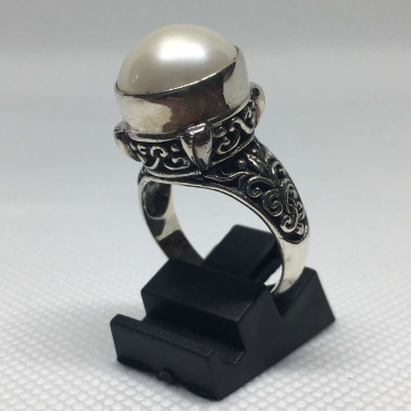 RR 10577-1 PC OF HAND CARVED 925 BALI SILVER RINGS WITH PEARL