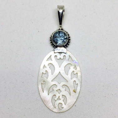 PD 13776 BT-(925 BALI SILVER HAND CARVING SHELL PENDANT WITH TOPAZ)