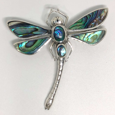 PD 10719 AB-925 HAND CARVED BALI SILVER DRAGONFLY PENDANT BROOCH WITH ABALONE
