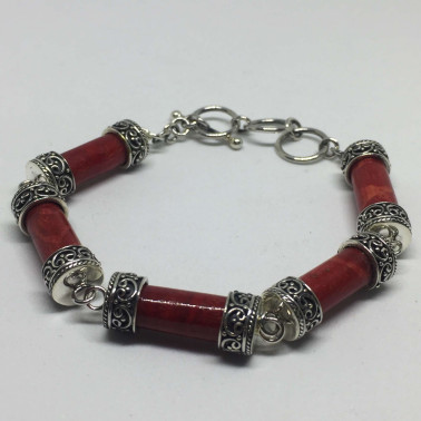 BR 13743 CR-(HANDMADE 925 BALI SILVER TUBE BRACELET WITH CORAL)