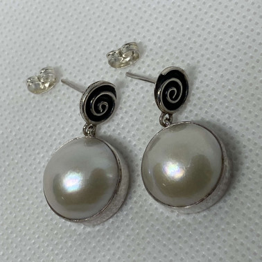 ER 13826 WPL-(HANDMADE 925 BALI SILVER EARRINGS WITH WHITE MABE PEARL