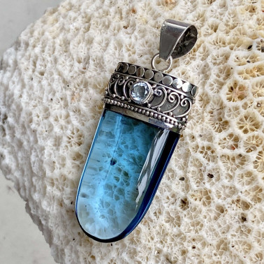 PD 10135 BT-OB-(Handmade 925 Bali Silver Pendant with Clear Blue Obsidian)