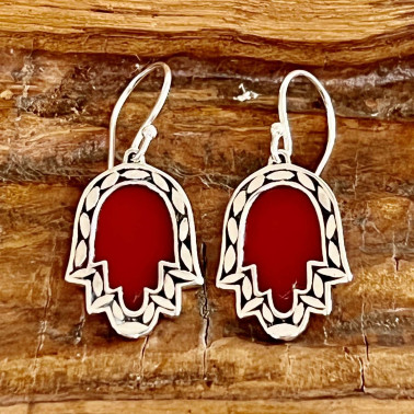 ER 15405 CR-(925 BALI SILVER FATIMA HAND EARRINGS WITH CORAL)
